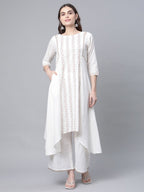 Ahalyaa Women's Off white Pure Cotton Printed Asymmetric Kurta Palazzo Set | Grocsy