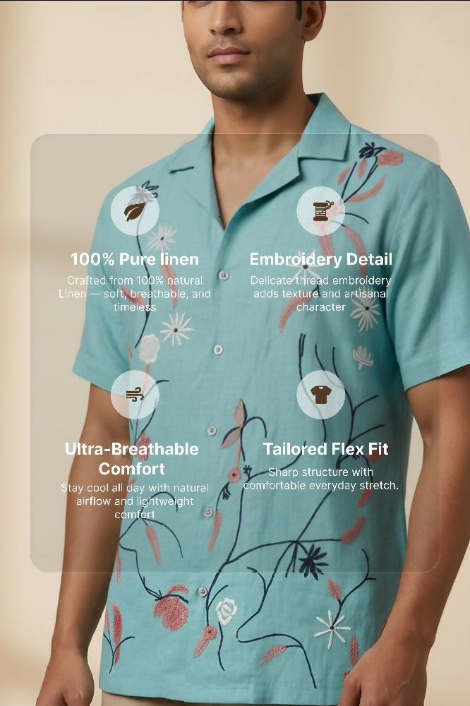 Serene — Aqua Embroidered Linen Shirt by Hilo Design | Grocsy