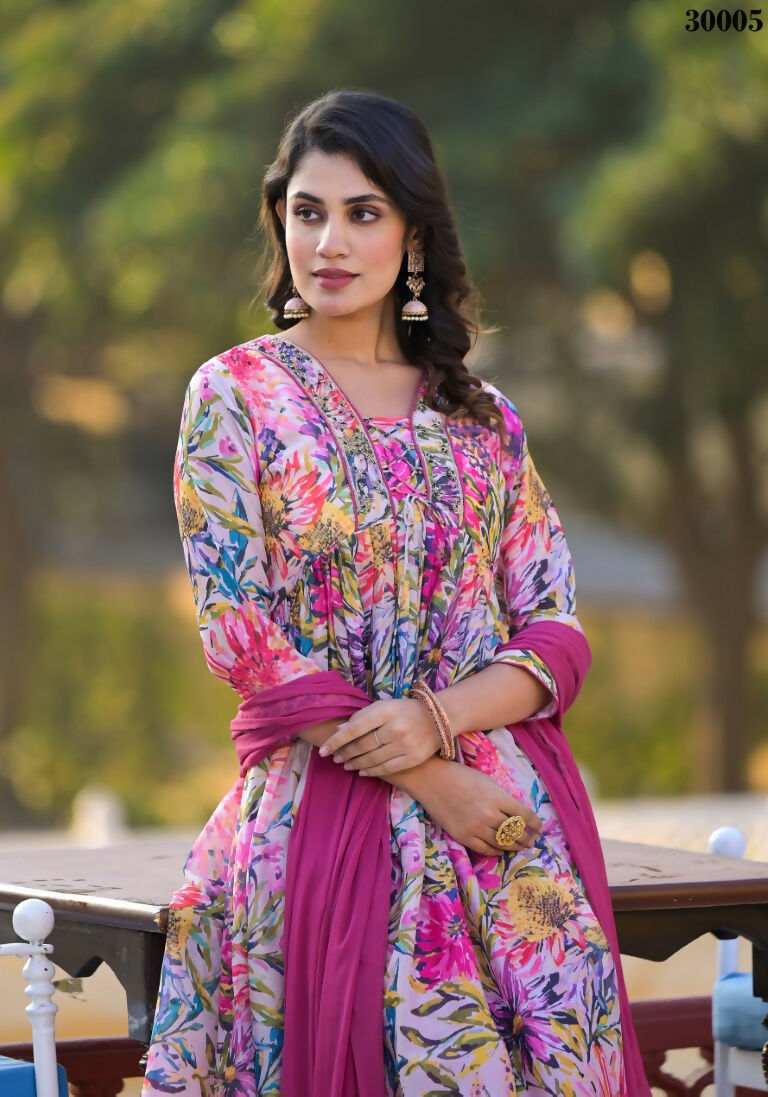 Designer Stylish Pink Slim Georgette Stitched Suit With Dupatta - Kiyara | Grocsy