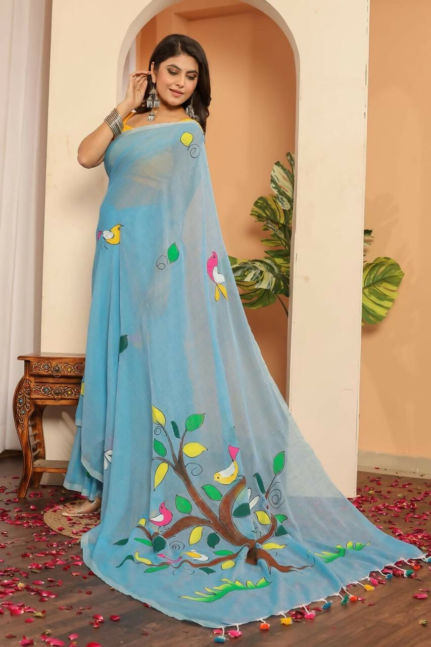 Exclusive Collection Beautiful Light Sky Pure Cotton Hand Print Handloom Saree With Running Blouse Piece | Grocsy