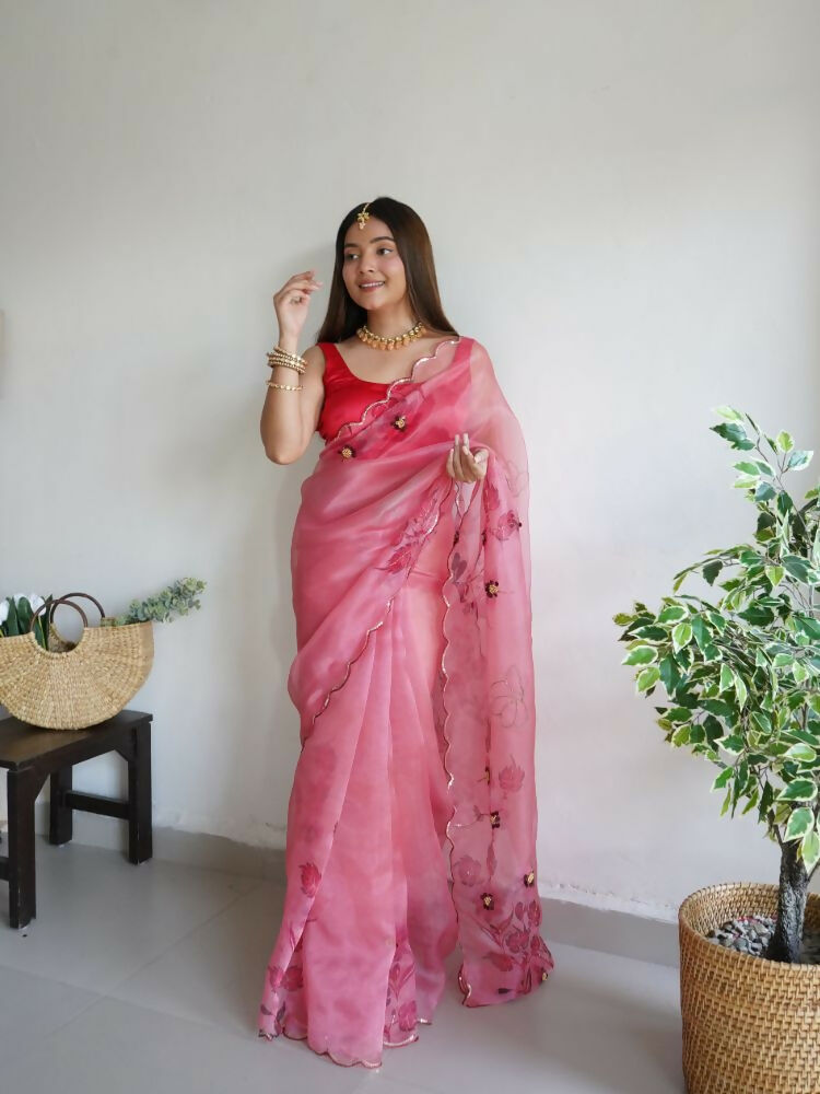 Vamsee Mudra Pink Organza Saree | Grocsy