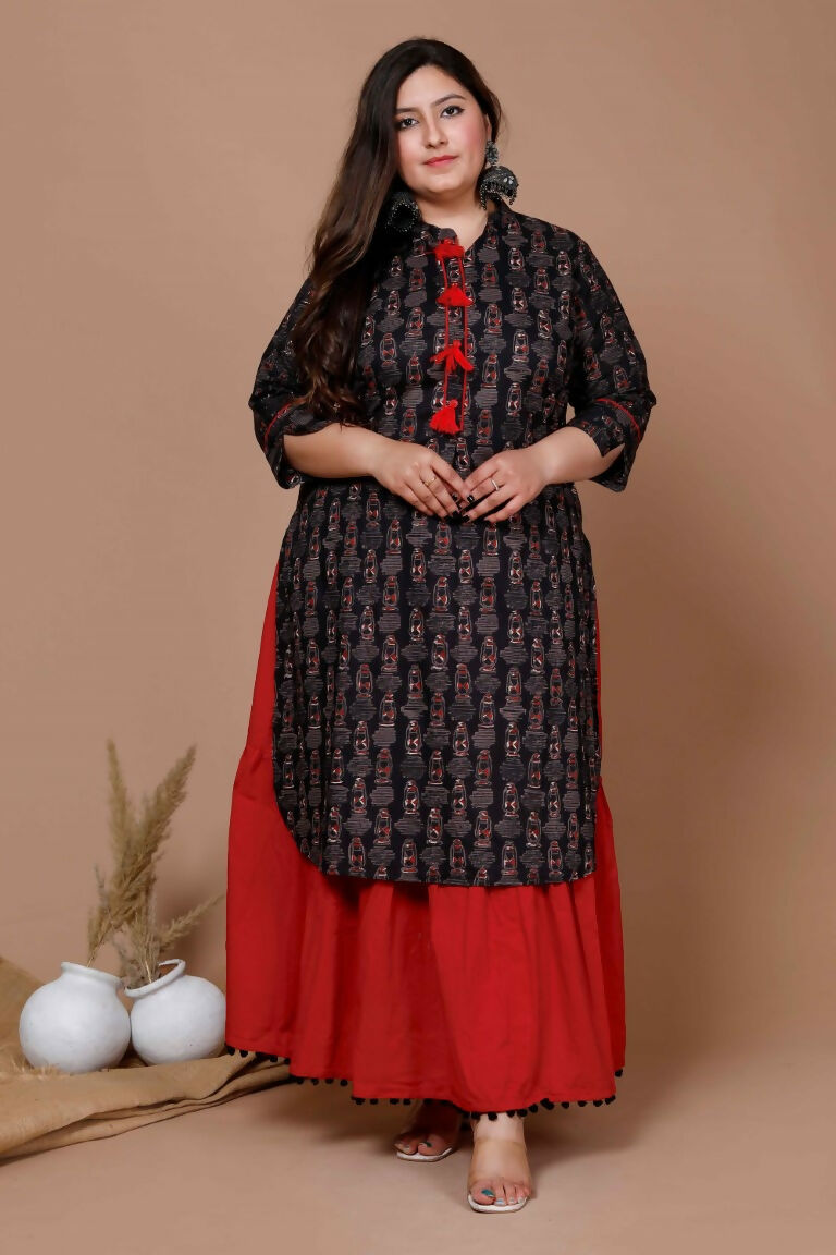 Miravan Women's Plus Size Black Printed Pure Cotton Kurta With Skirt | Grocsy