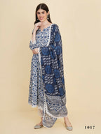 Designer Stylish Blue Rayon Stitched Suit With Dupatta - Tanisha | Grocsy