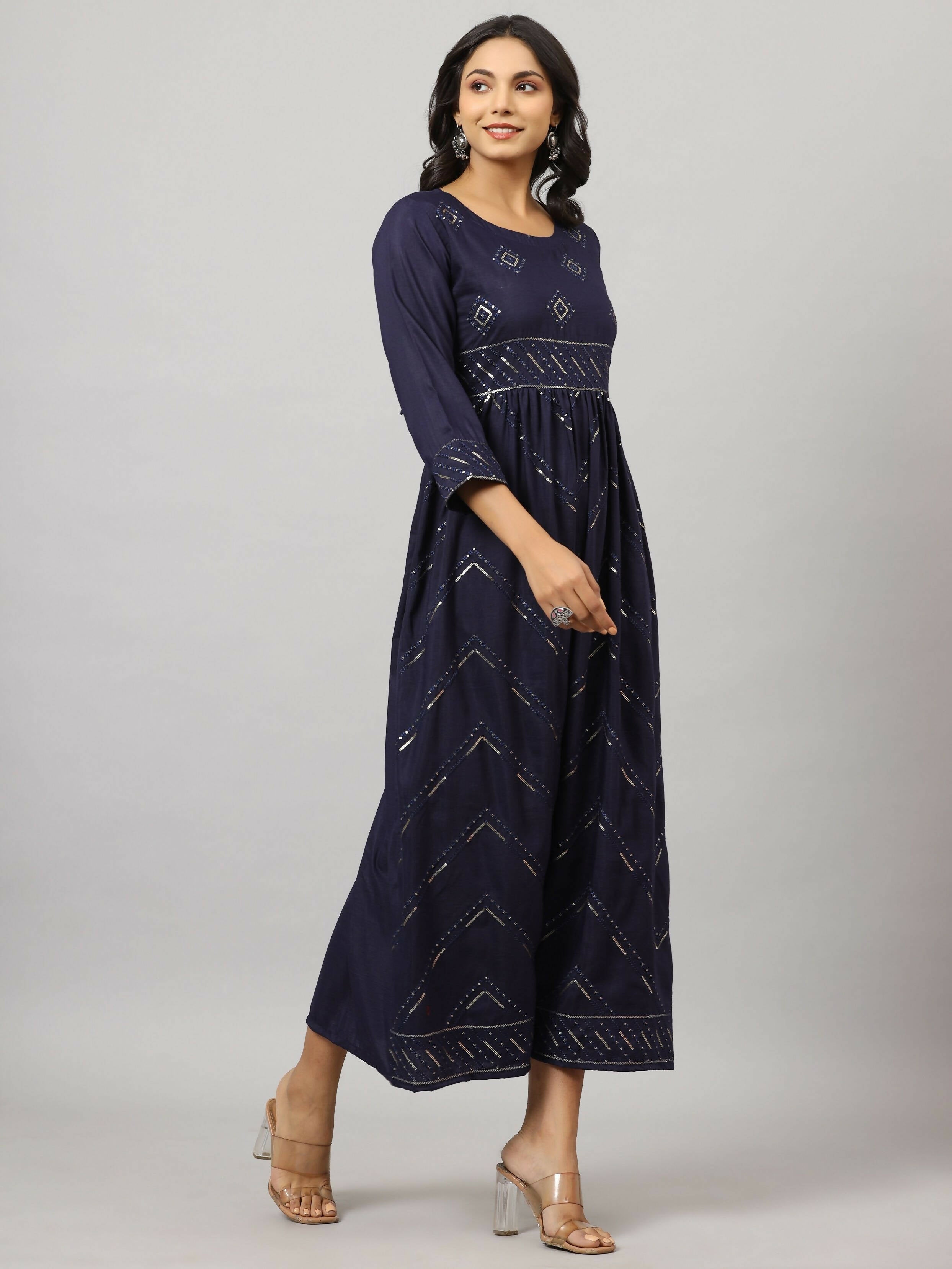 Juniper Women's Navy Festive Printed Flared Dress | Grocsy