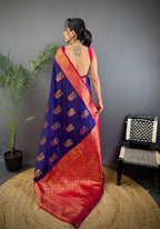 Elora Dark Blue Soft Silk Peacock Pattern Zari Weaving Contrast Border Banarasi Saree | Grocsy