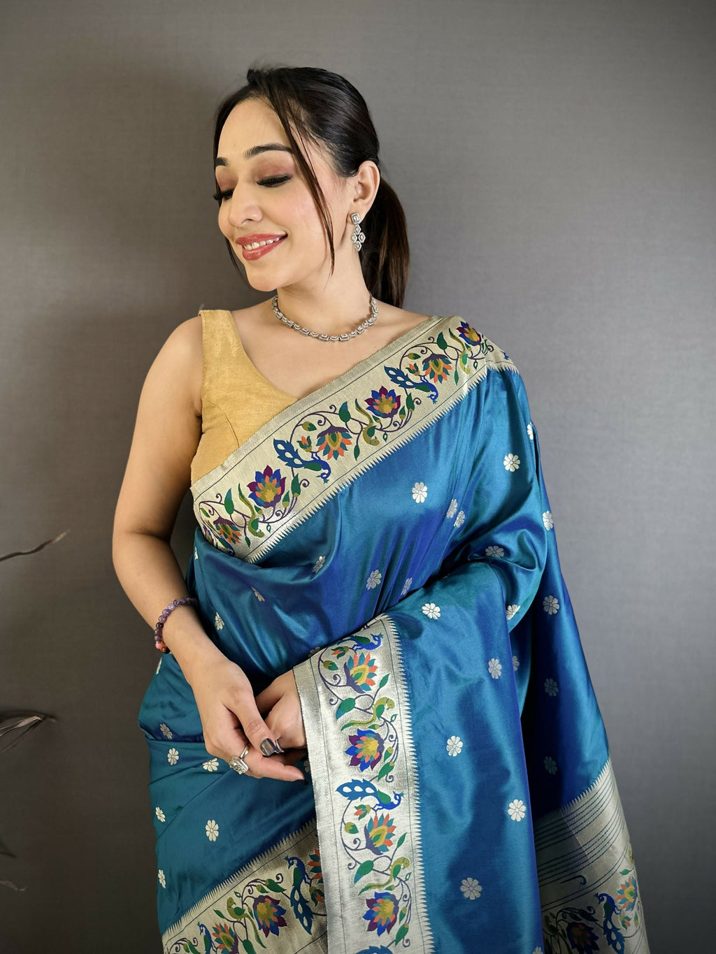 Prime Volt Premium Soft Silk Mayur Paithani Saree with Peacock Meena Weaving & Rich Pallu-Peacock Blue | Grocsy