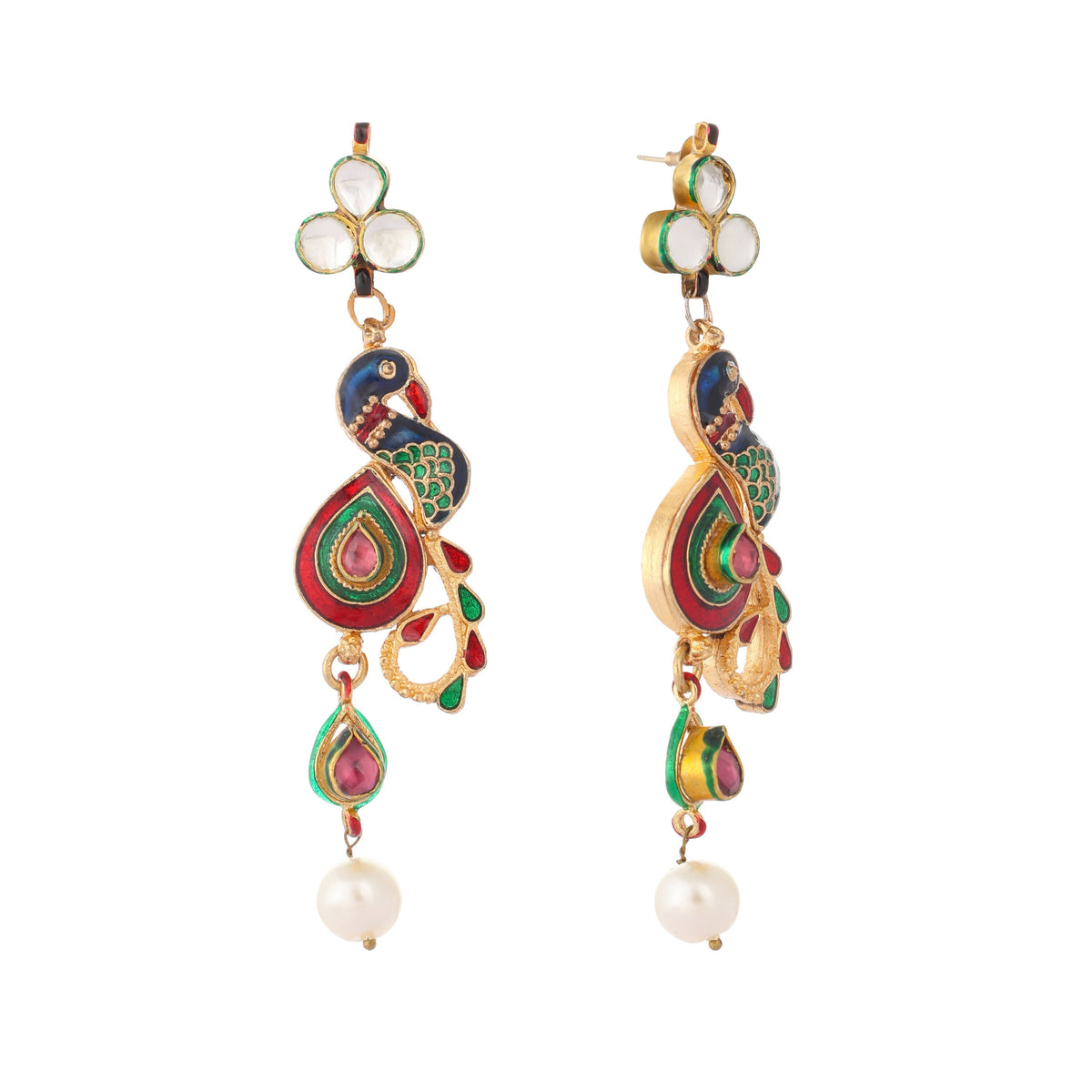 Nuyug 22K Gold Plated Pearl Drop Kundan Studded Ethnic Peacock Shaped Drop Earrings | Grocsy