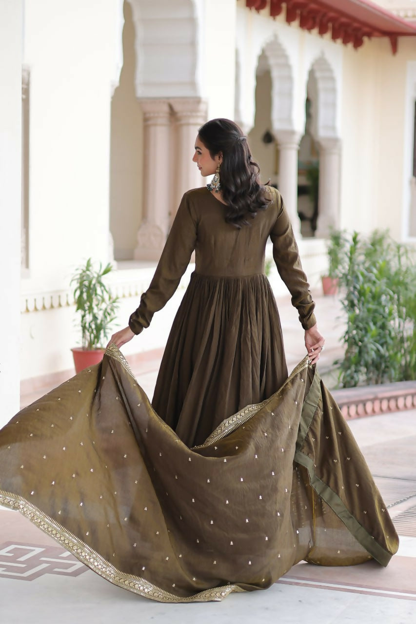 Teeya Creation Womens New Fancy Vichitra Silk With Rich Sequins Embroidered Work Gown Set | Grocsy