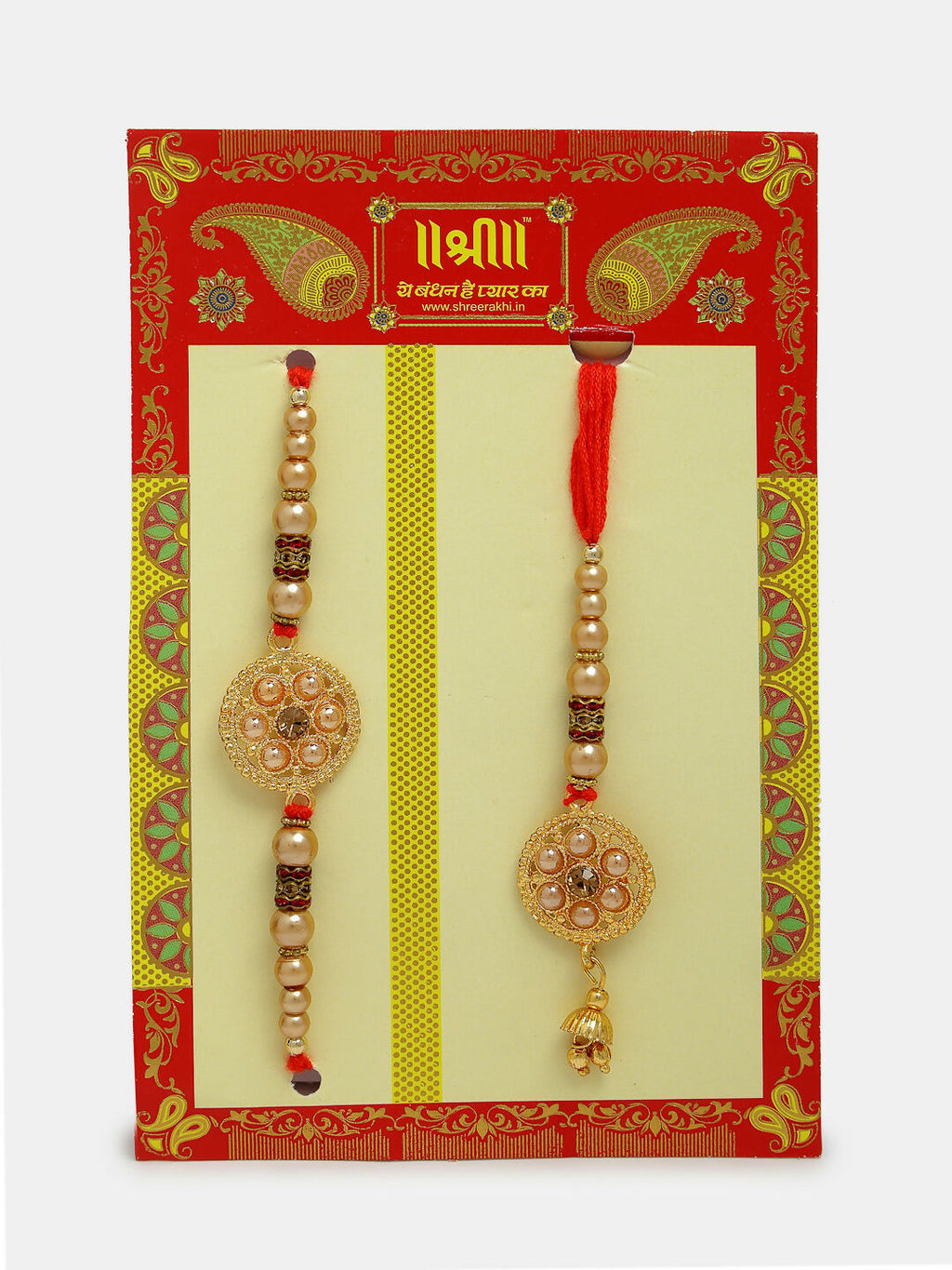 NVR Women & Men Set of 2 Gold-Toned Stone-Studded & Beaded Bhaiya Bhabi Rakhi With Roli Chawal | Grocsy