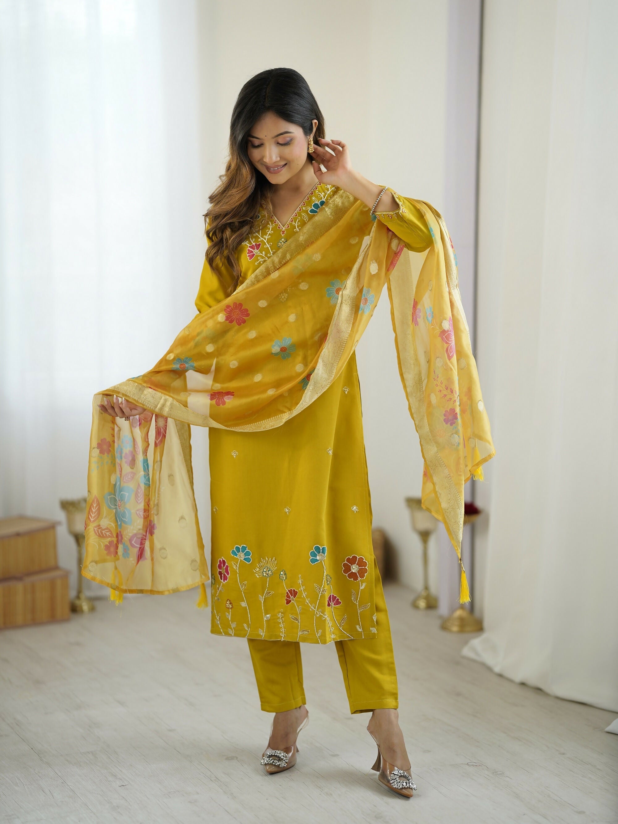 The52 Yellow Women's Gorgeous Embroidered work Viscose Gadhwal Fabric Straight Kurta, Pant and Dupatta Set | Grocsy