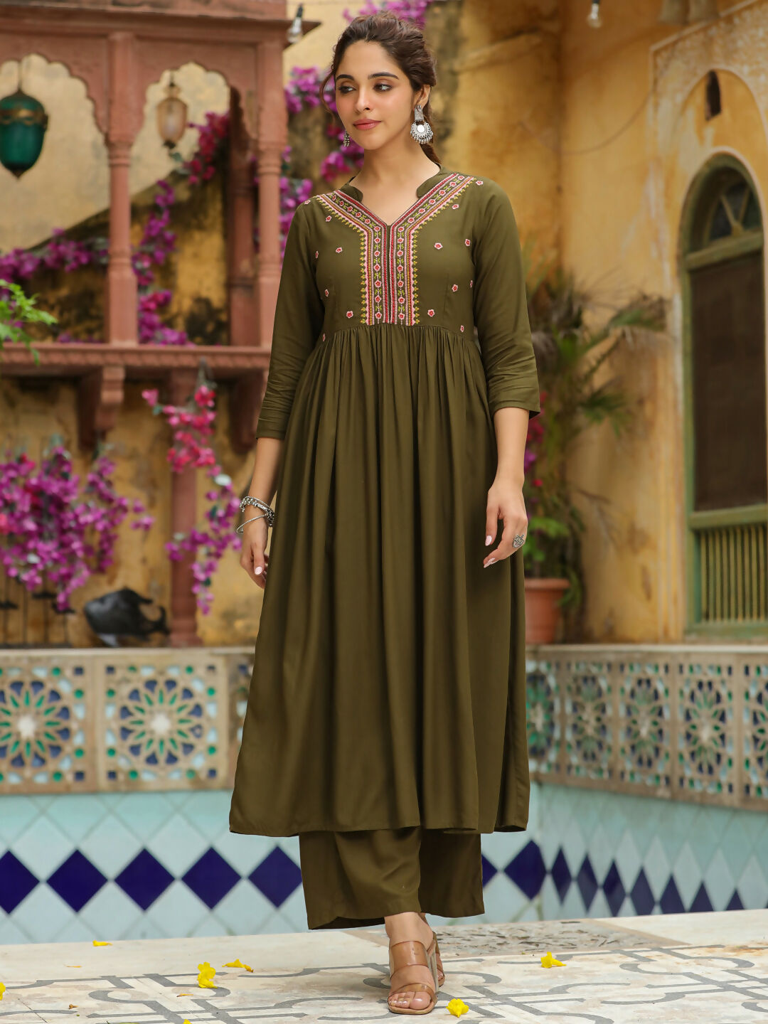 Janasya Olive Rayon Embroidered Kurta & Bottom | Grocsy