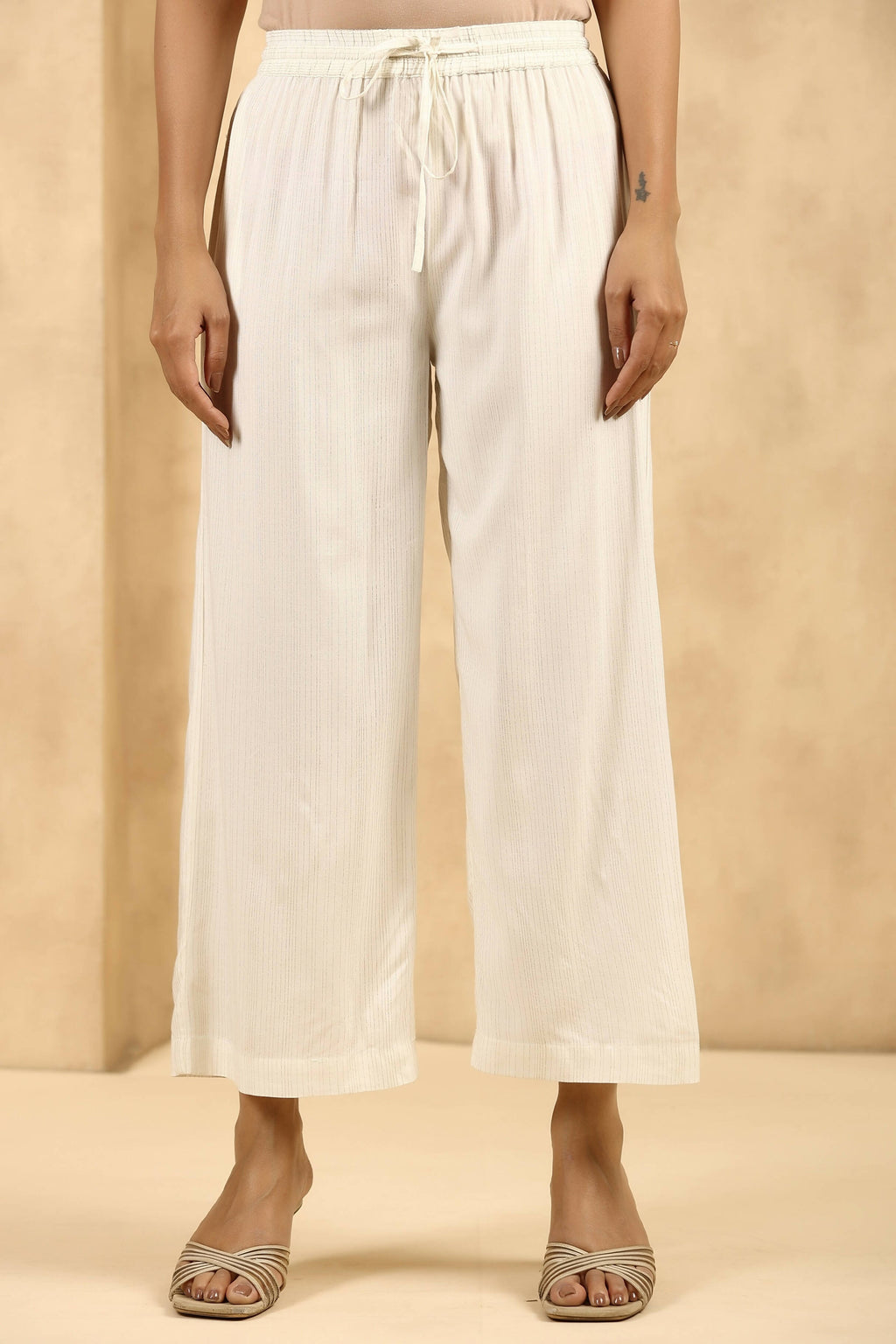 Juniper Women's Off-White Rayon Gold Printed Wide Leg Palazzo | Grocsy