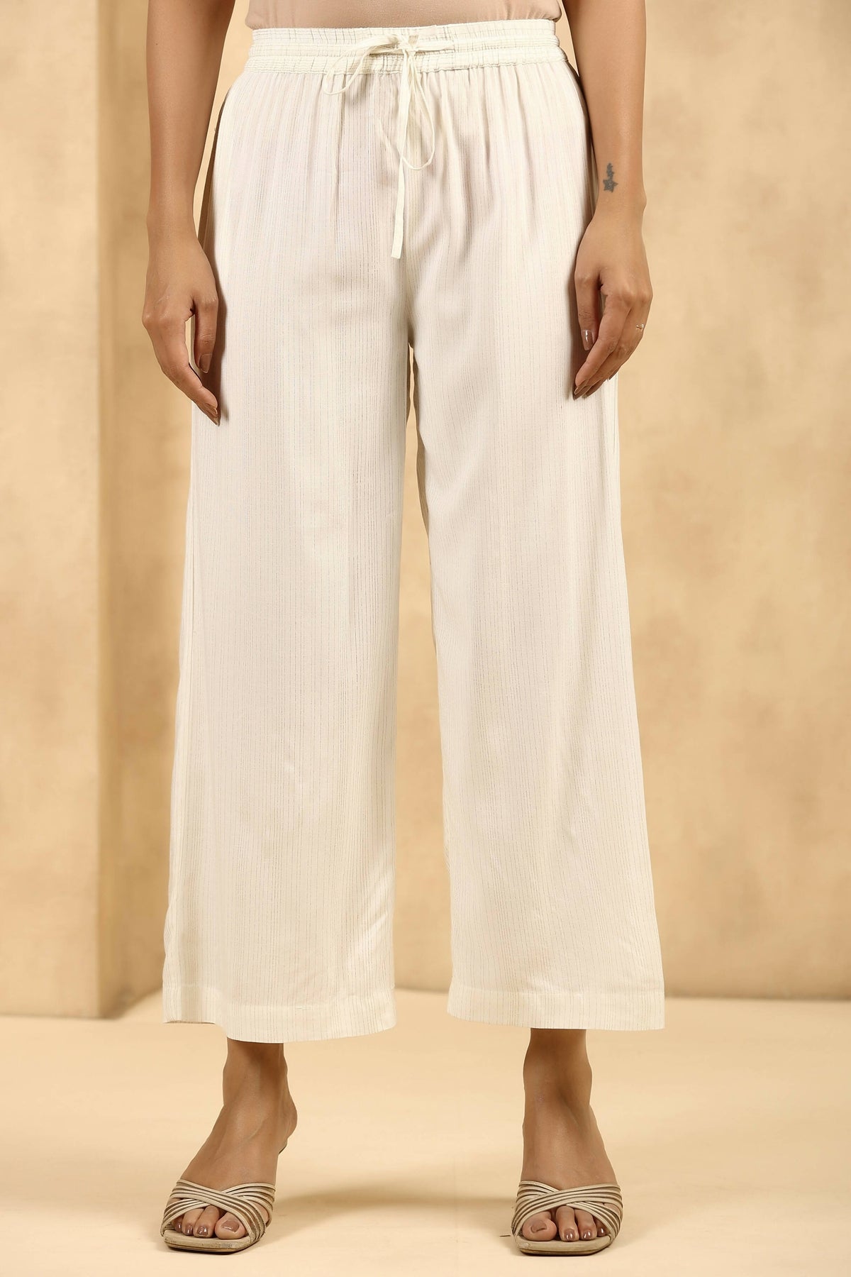 Juniper Women's Off-White Rayon Gold Printed Wide Leg Palazzo | Grocsy