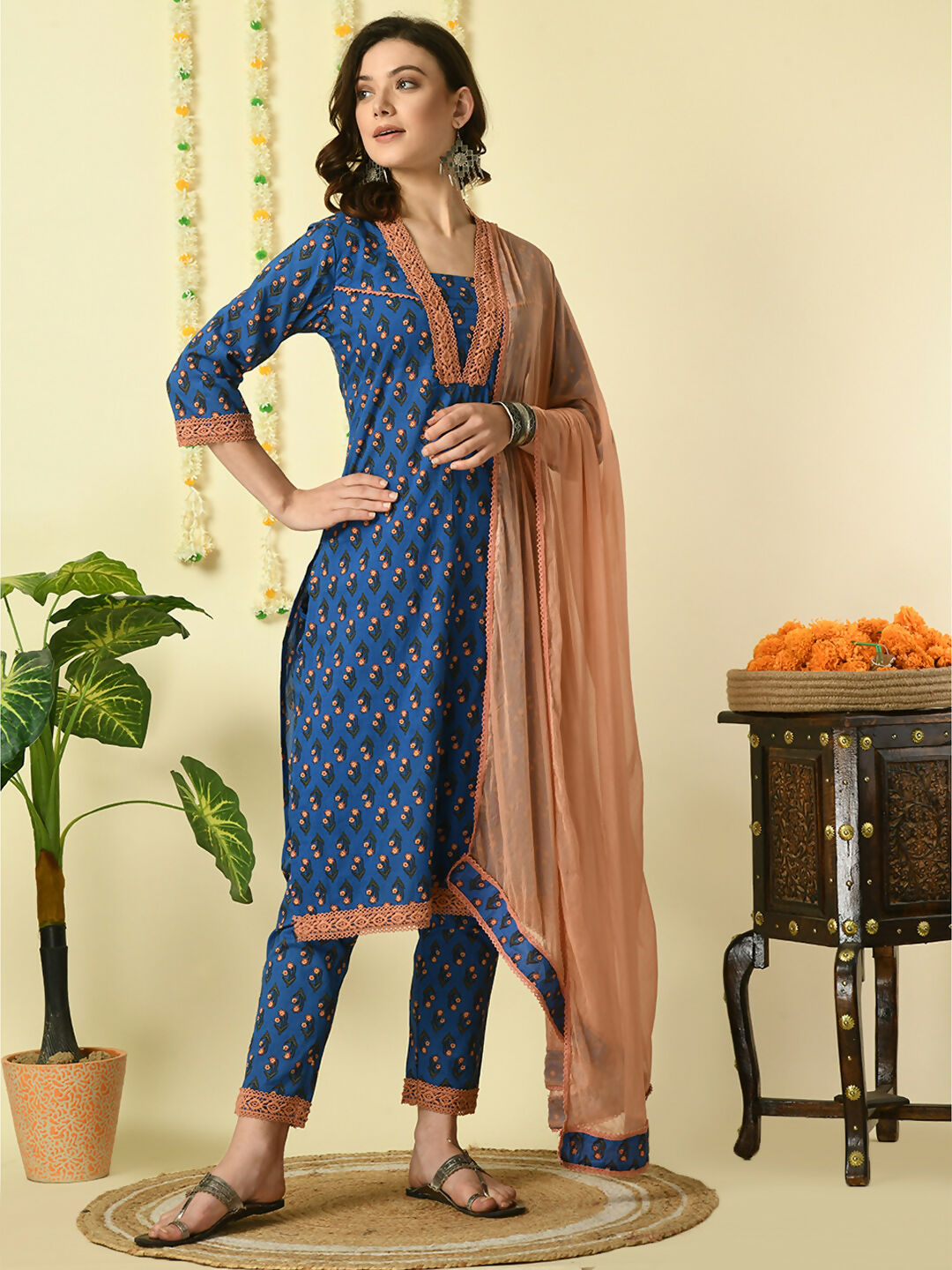 Myshka Women's Blue Pure Cotton Kurta & Trousers With Dupatta Party Sets | Grocsy