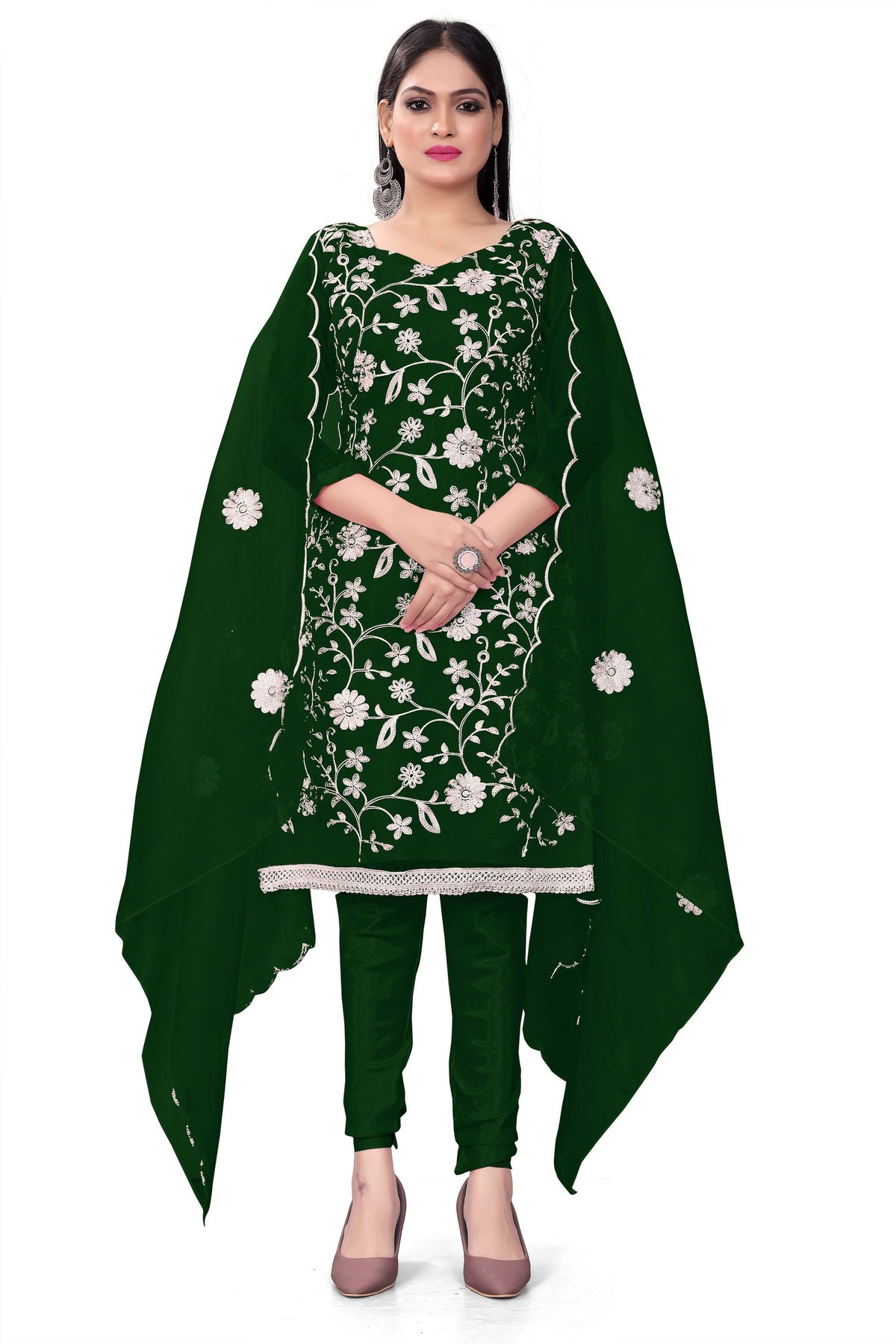 Green Organza Silk Embroidered Work Unstitched Dress Material - Tanvi | Grocsy
