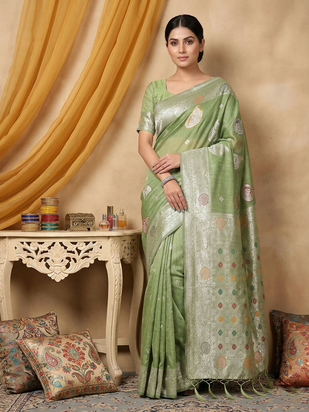 Shree Shyam Fashion Light Green Linen Cotton Saree | Grocsy