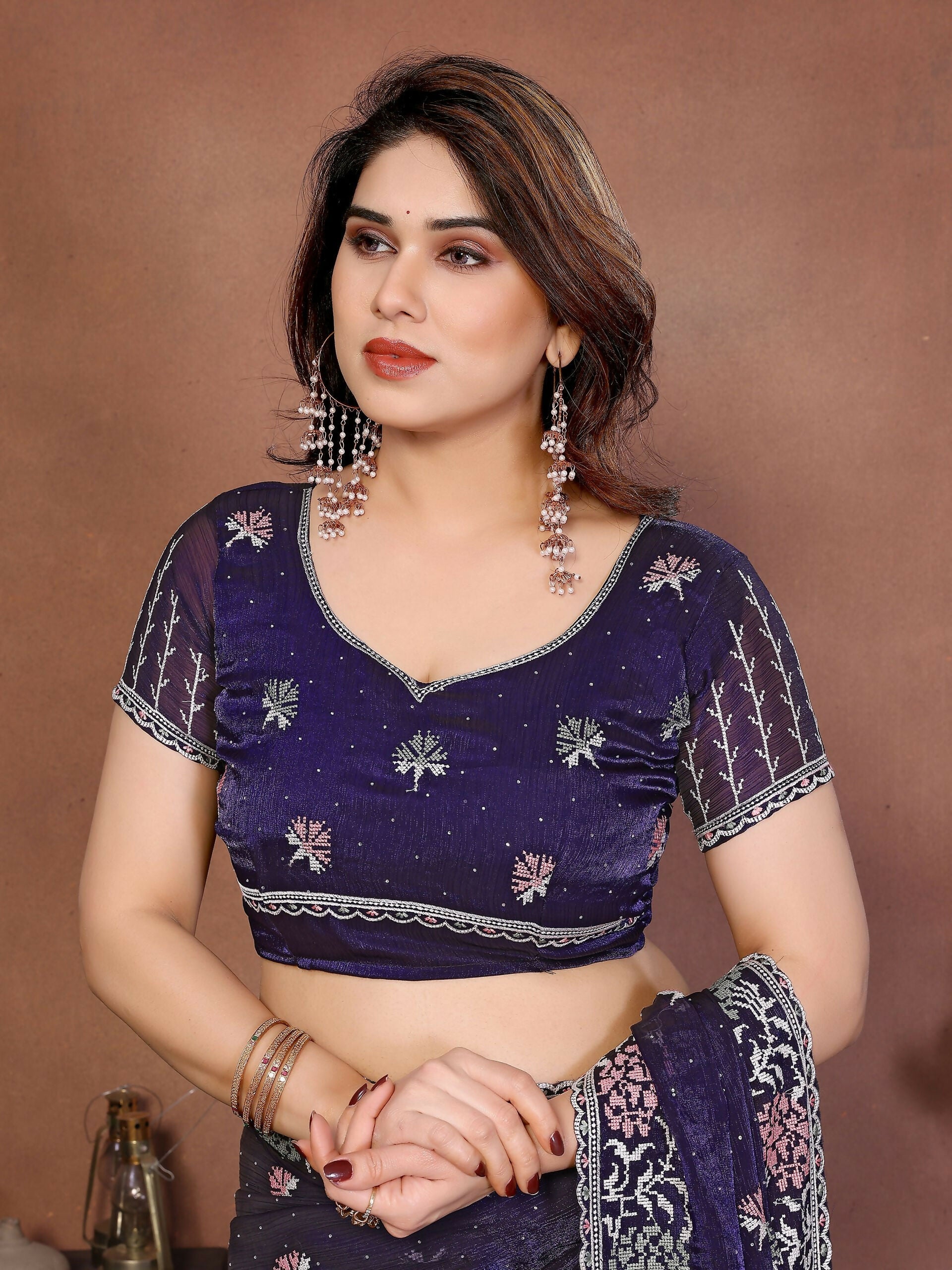 Teeya Creation New Womens Latest Party Wear Soft Chiffon Silk Saree-Purple | Grocsy
