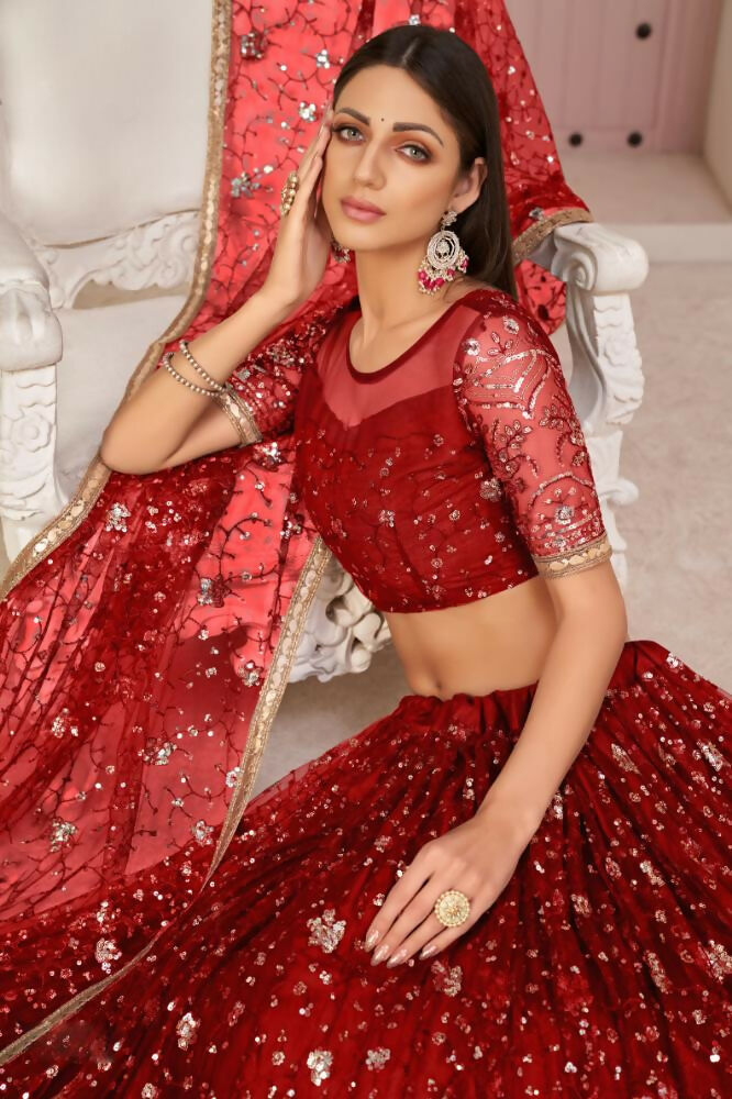 Aastha Fashion Red Butterfly Net All Over Thread Work, Zari Work And Sandwich Sequence Work Embroidery Wedding Wear Lehenga Choli | Grocsy