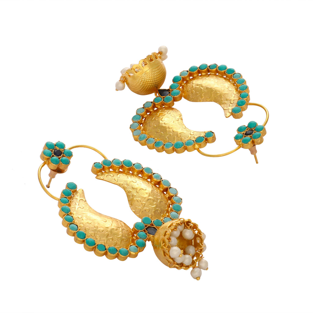 Nuyug 22K Gold Plated Turquoise Stone Studded Contemporary Mini Jhumki Dangler Earrings | Grocsy