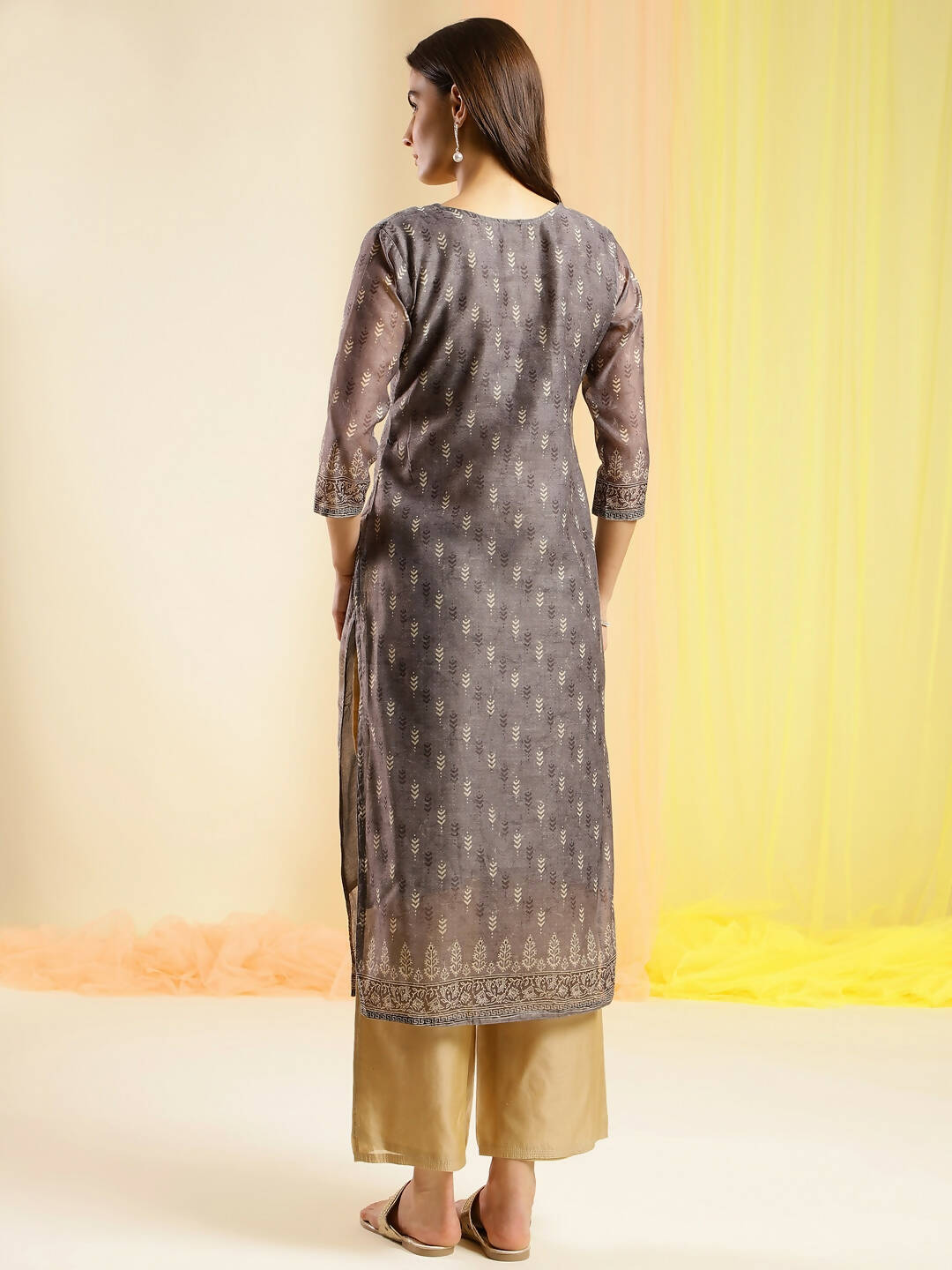 Grey Chinon Digital Printed With Hand Work Kurta - Himanshi | Grocsy