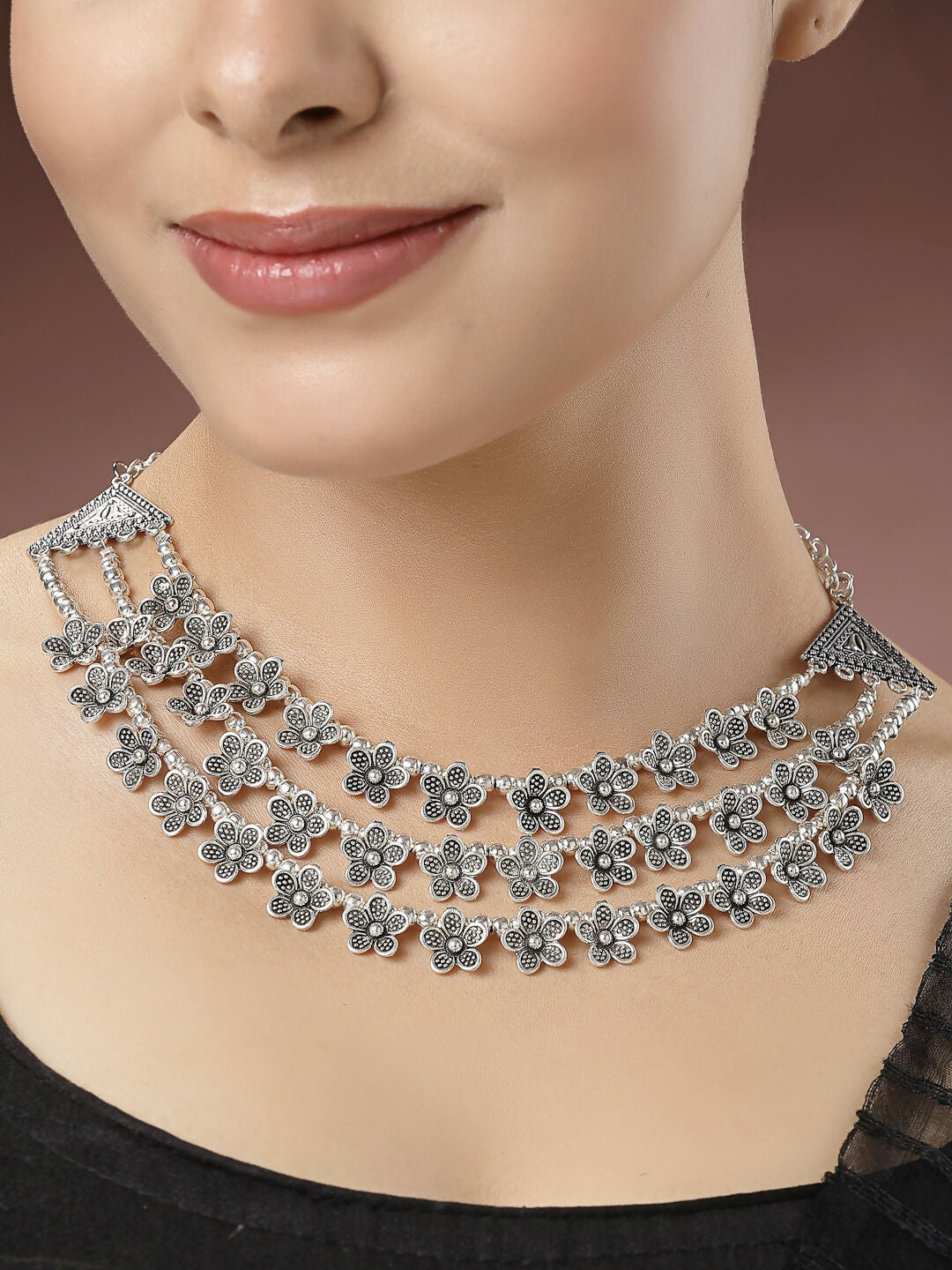NVR Women's 3 Layered Floral Shape Artificial Beads German Silver Oxidised Necklace | Grocsy
