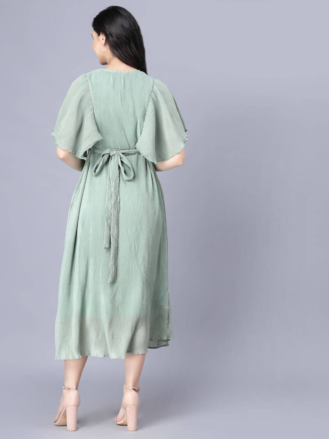 Myshka Chiffon Solid Short Sleeve V Neck Green Women Dress | Grocsy