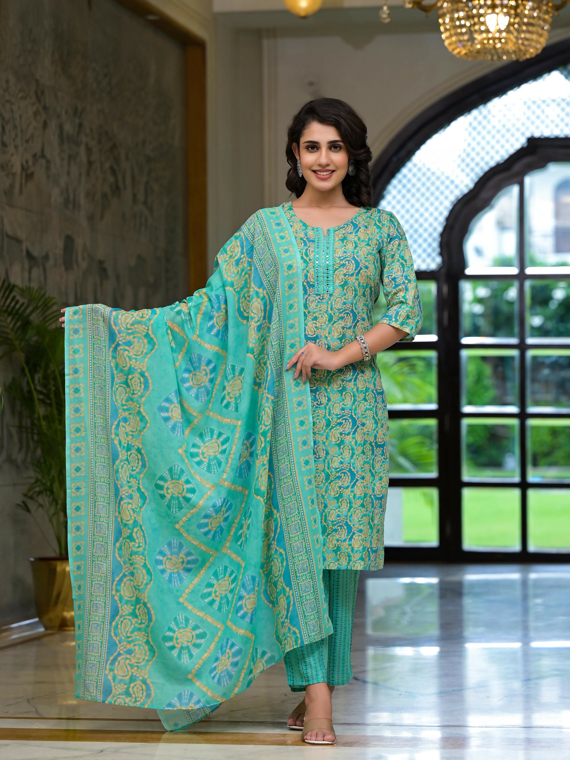 Juniper Women's Green Ethnic Motif Printed Cotton Kurta Pant And Dupatta Set With Mirror Work & Sequins | Grocsy