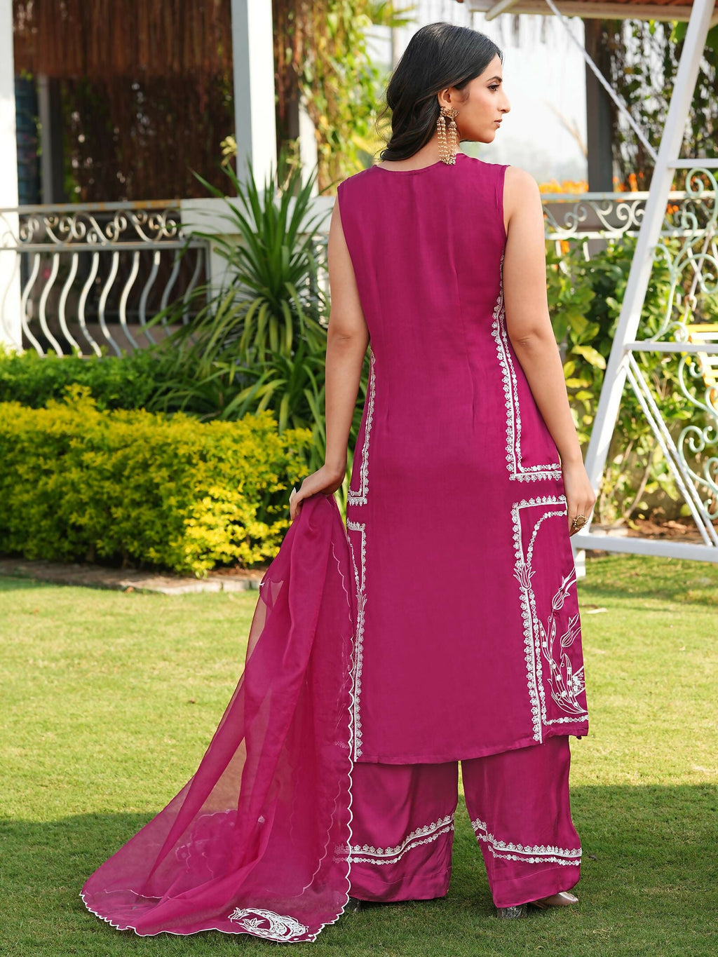 Nikhaar Pink Embroidered Modal Silk Stitched Straight Cut Kurta Culottes Dupatta Readymade Suit | Grocsy