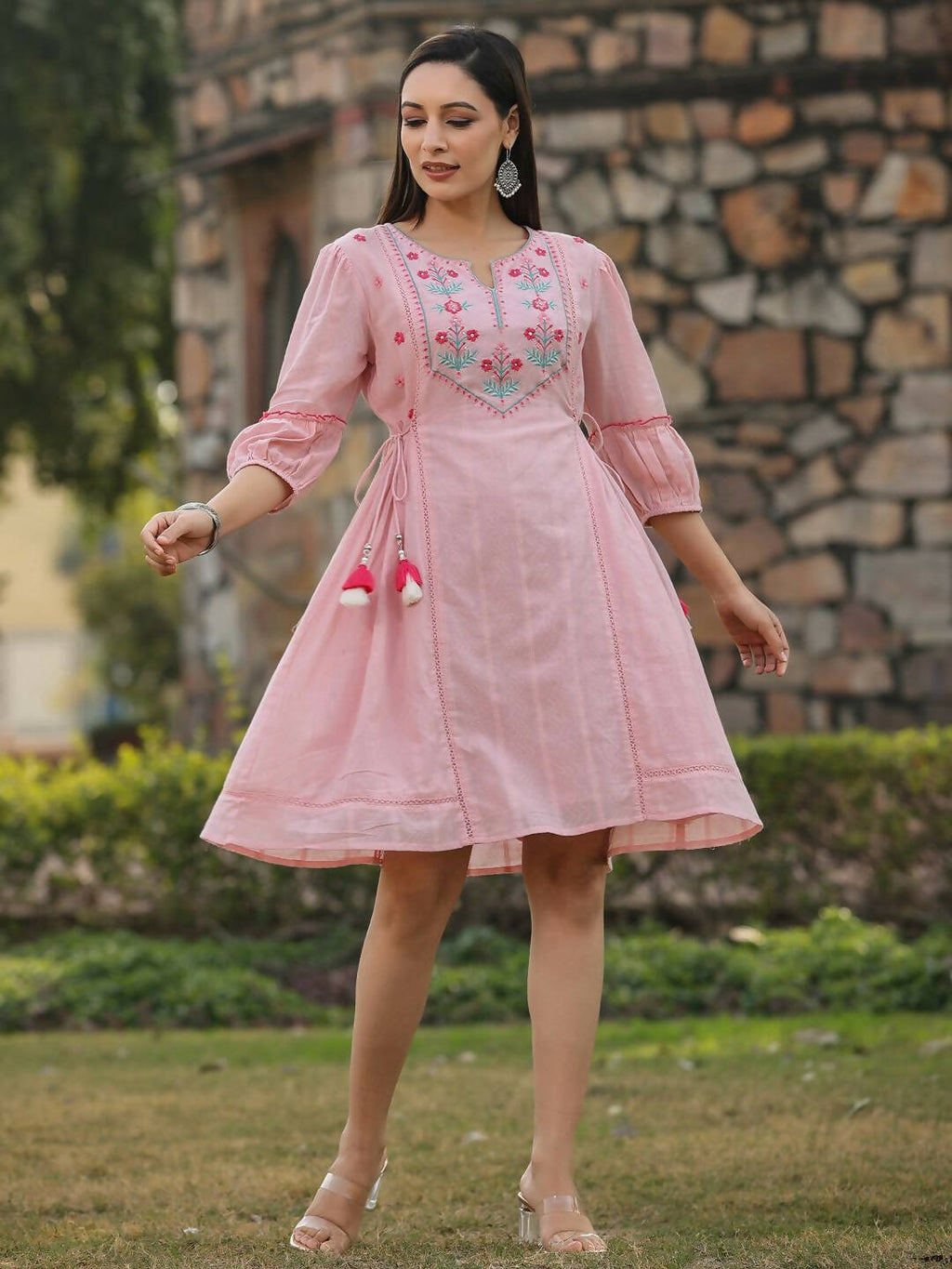 Juniper Women's Pink Cotton Dobby Embroidered Flared Dress | Grocsy