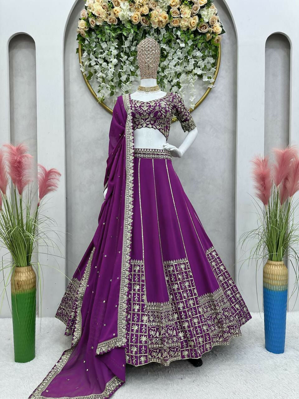 Jyoti Fashion Women's Wine Faux Georgette Sequins with Thread Embroidered Designer Lehenga Choli Set | Grocsy