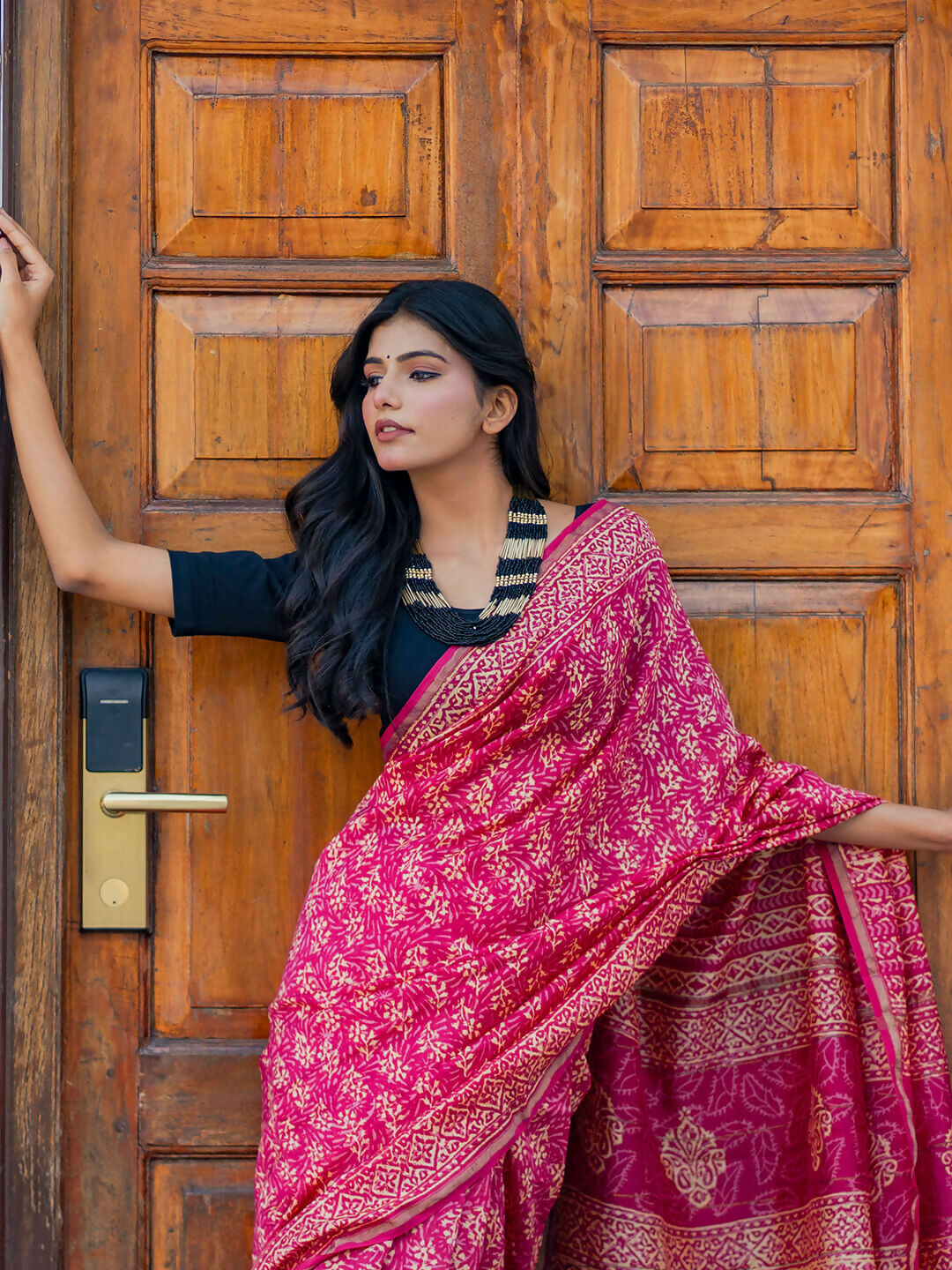 Zibaa Hand-Blocked Pure Chanderi Silk Pink Saree | Grocsy