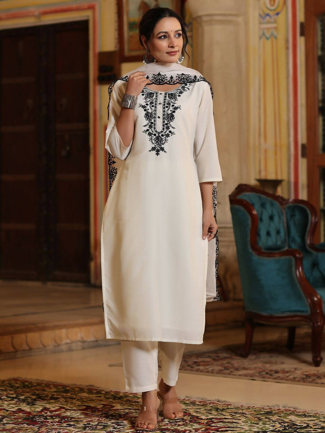 Juniper Women's White Chinnon Solid Embroidered Kurta Set | Grocsy