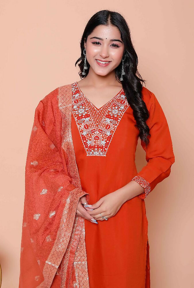 Miravan Womens Orange Embroidered Straight Kurta With Palazzo And Dupatta Set | Grocsy