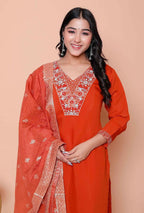 Miravan Womens Orange Embroidered Straight Kurta With Palazzo And Dupatta Set | Grocsy