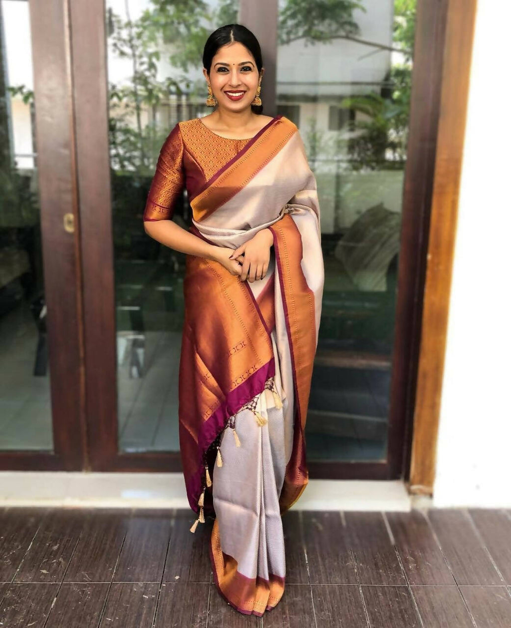 DEIANA'S Beautiful Designer Golden zari Soft Lichi Silk Saree - Cream | Grocsy