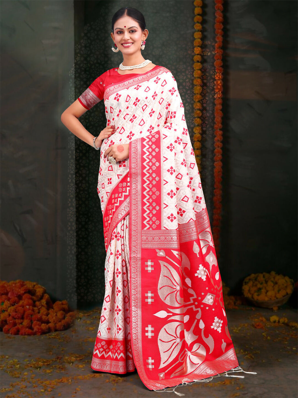 Shree Shyam Fashion Devistuti Red White Linen Cotton Saree | Grocsy
