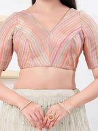Joban Fashion Peach Jacquard Elbow Sleeveless Back Open Blouse | Grocsy