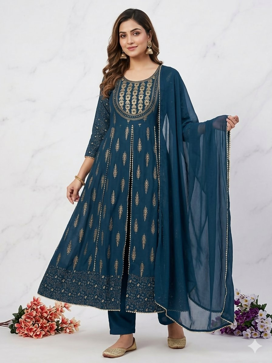 Teeya Creation Women's Teal Blue Fully Stitched Anarkali Suit With Pant And Dupatta | Grocsy