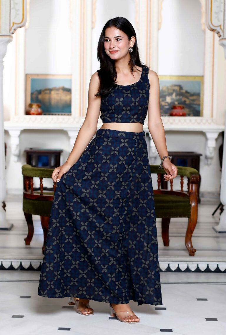 Miravan Women's Blue Abstract Print Crop Top And Side Slit A-Line Skirt Co-Ord Set | Grocsy