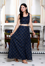 Miravan Women's Blue Abstract Print Crop Top And Side Slit A-Line Skirt Co-Ord Set | Grocsy