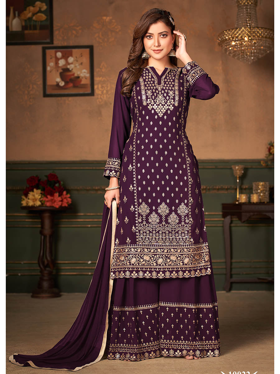 Myra Wine Faux Georgette Embroidered Sharara Suit | Grocsy