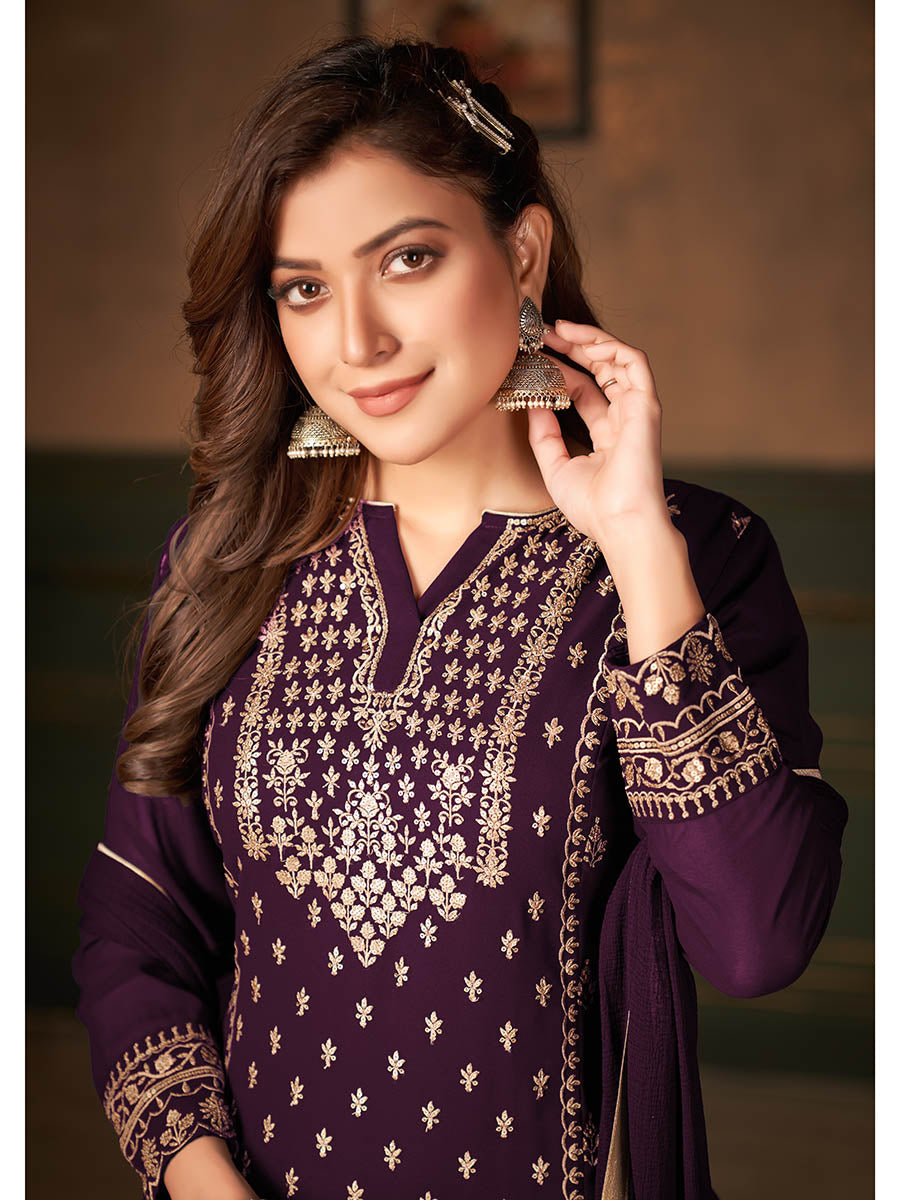 Myra Wine Faux Georgette Embroidered Sharara Suit | Grocsy