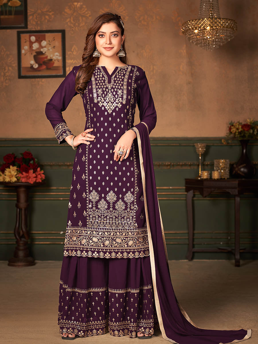 Myra Wine Faux Georgette Embroidered Sharara Suit | Grocsy