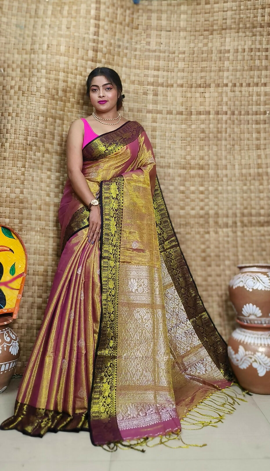 Exclusive Collection Golden Red Beautiful Tissue Benarasi Saree | Grocsy