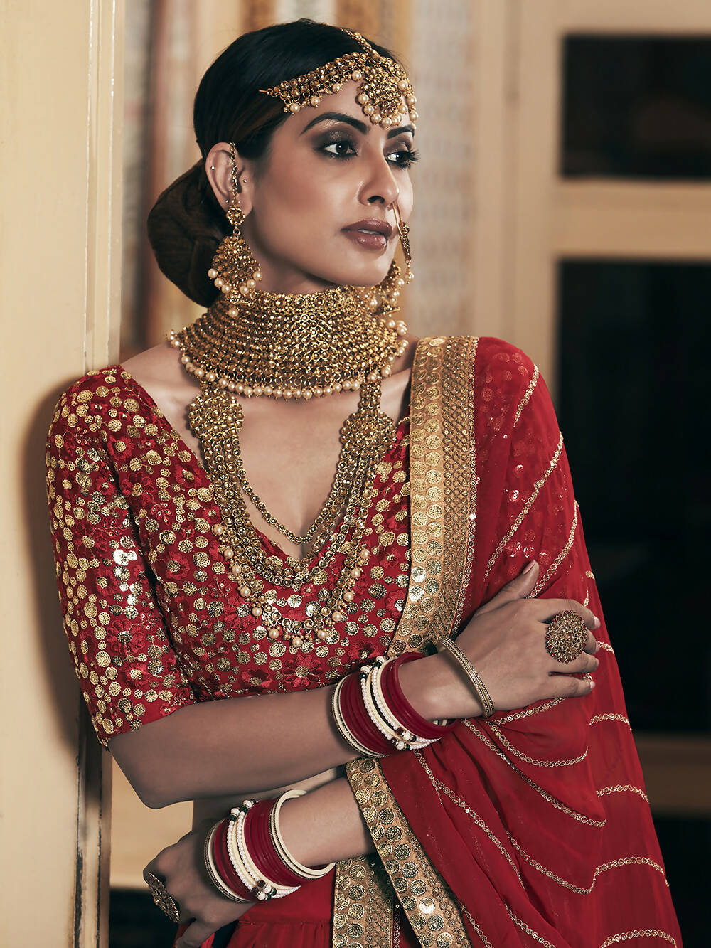 Wedding Designer Sequene Zari Resham Embroidery Red Georgette Lahengha Choli - Anbazaar | Grocsy