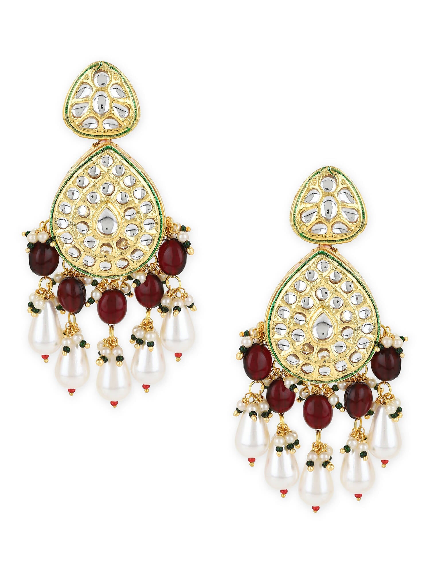 Gold-Toned White Kundan Contemporary Gold-Polished Jhumkas Earrings - Ruby Raang | Grocsy