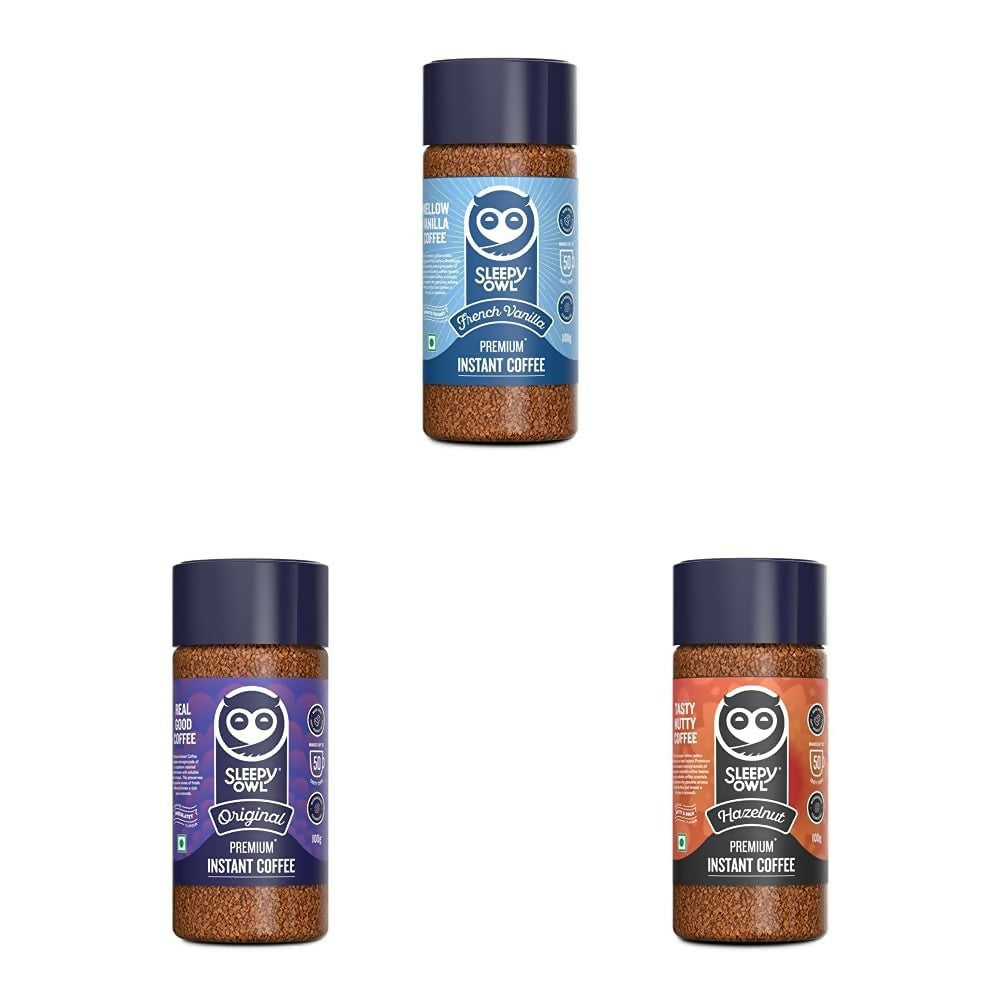 Sleepy Owl Premium Instant Coffee Original, French Vanilla, Hazelnut Combo | Grocsy