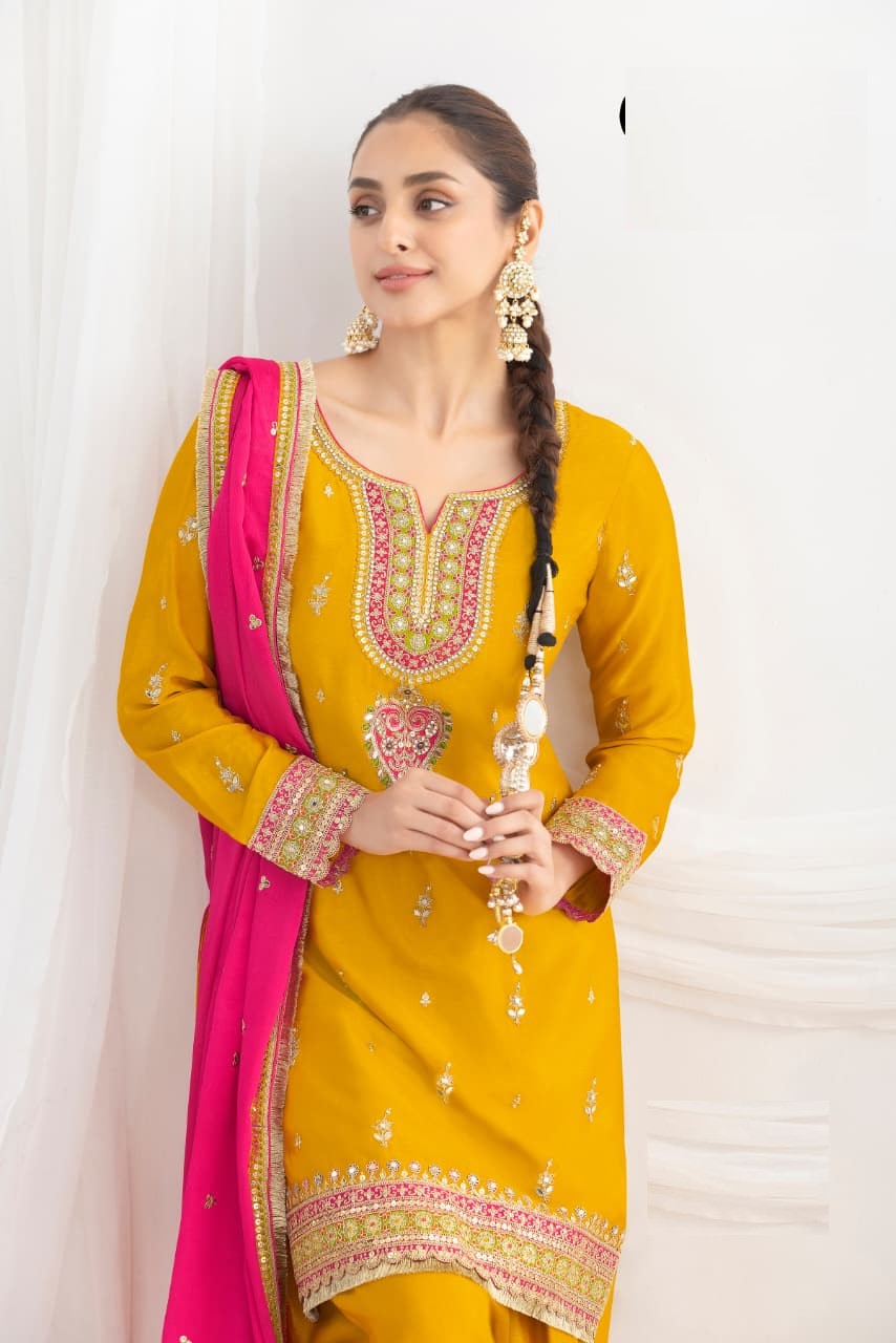Aarshi Fashions Yellow Chinon Wedding Suits | Grocsy