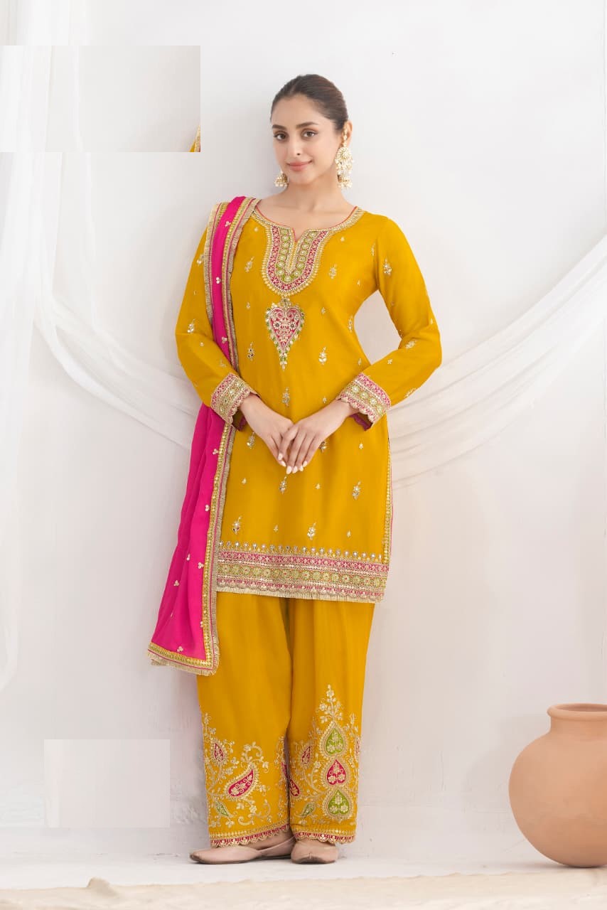 Aarshi Fashions Yellow Chinon Wedding Suits | Grocsy