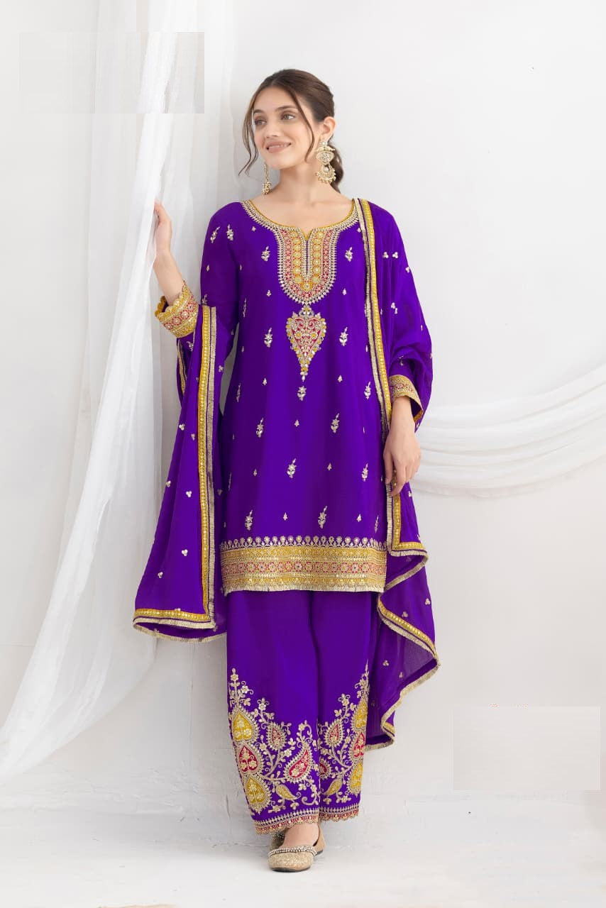Aarshi Fashions Blue Chinon Wedding Suits | Grocsy